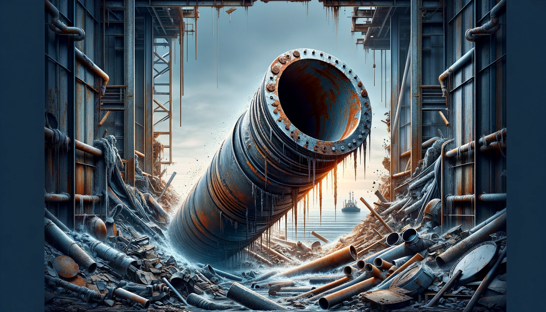 DALL·E 2023-12-04 10.30.12 – A graphic image representing corrosion resistance, focused on a pipe or similar item that appears invincible amid deteriorating conditions. The image Innovations in Corrosion-Resistant Materials | The Evolution of Corrosion-Resistant Materials with the expertise of Troy Dualam Inc.